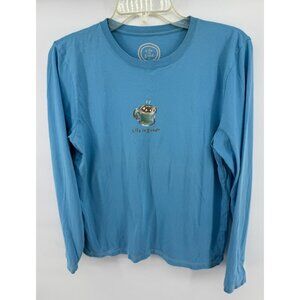 Life Is Good Womens Small Long Sleeve Blue Shirt Featuring Hot Cocoa Graphic